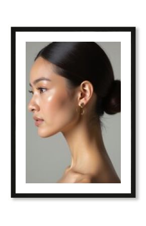 Elegant woman with sleek bun hairstyle and gold hoop earrings in side profile