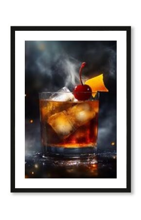 A classic old fashioned with a large ice cube, orange peel, and maraschino cherry, smoky and bold, floating in the air with cinematic, hyper-realistic details, 8K UHD