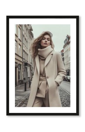 Sophisticated model wearing minimalist winter fashion in neutral tones posed against contemporary Copenhagen architecture creating moody atmosphere for luxury Scandinavian editorial