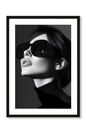 Minimalist black and white photography  a woman in elegant sunglasses  sleek hair  wearing modern attire  dramatic lighting 