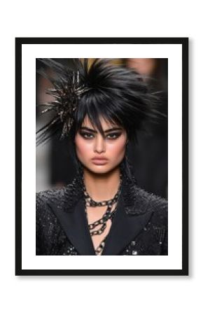 Striking female model showcasing bold, punk-inspired fashion with dramatic makeup and intricate hair design.