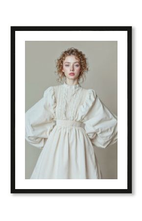 young woman in a long light beige linen dress