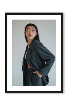 Confident Young Asian Businesswoman Pinstriped Suit - Empowering Professional Attire Corporate Marketing