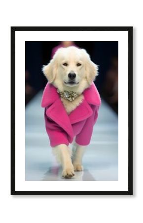 Stylish dog walking down the runway wearing a vibrant pink coat adorned with a jeweled collar, showcasing a blend of fashion and canine charm in a glamorous setting.
