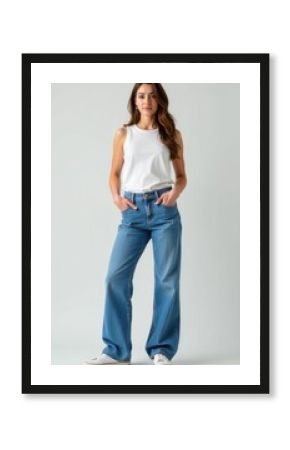 Fashion model posing in wide leg jeans and white tank top
