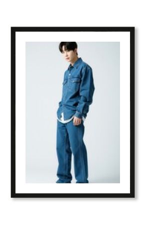 Stylish Young Korean Man in Denim Outfit Against White Background   