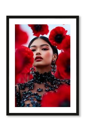 Young Asian woman in luxurious black embellished dress with red lips posing among vibrant red poppies. Dramatic fashion portrait with romantic floral backdrop and statement jewelry.