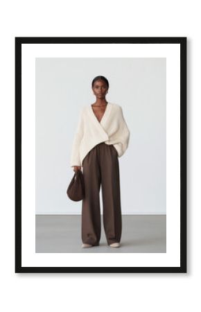 Fashion model posing in stylish knitwear and wide leg trousers