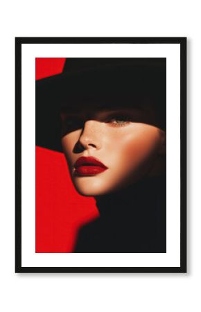 Ultra luxury fashion beauty brand concept. Close up portrait of young fashionable female model posing on scarlet background. Crop. Perfect make-up. Luxurious poster style. Studio shot