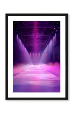 Illuminated runway at fashion show with vibrant purple and pink stage lighting