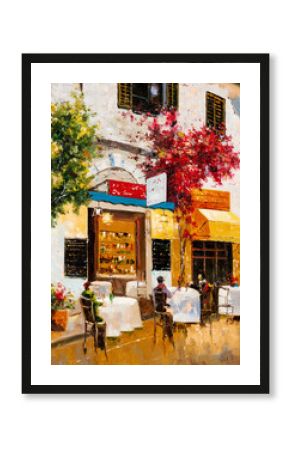 An impressionist oil painting depicting a street cafe where people rest together and eat.