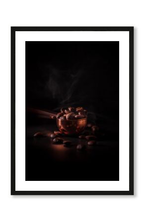 Roasted coffee beans in the copper spoon with smoke on dark background. Concept to recognize the aroma of coffee.