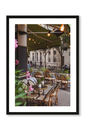 Paris, cafe terrace with flowers, France
