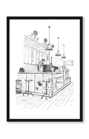 Sketch, Interior Design coffee and drink shop with barista on white blackground,illustration