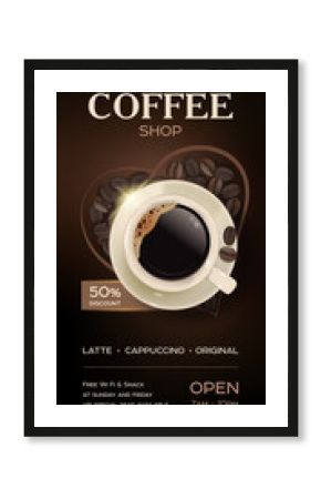Flyer for a cafe with an advertisement for a coffee shop giving a discount on a dark background with a cup and coffee beans