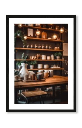 A stunning coffee shop photograph featuring a cozy setup and bokeh effect perfect for cafe/restaurant decor. (Generative AI)