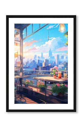 Beautiful anime-style illustration of a city cafe background