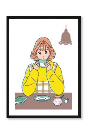レトロな喫茶店でコーヒーを飲む女の子