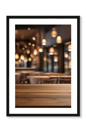  photo wooden table and blurred background of outdoor restaurant with bokeh light   