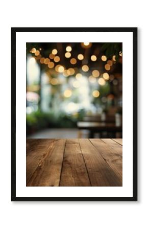 Wooden table blurred background of restaurant of cafe with bokeh