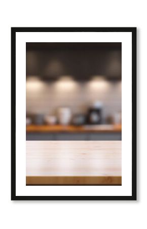 Wooden kitchen home table bokeh background, empty wood desk tabletop food counter surface product display mockup with blurry cafe abstract backdrop advertising presentation. Mock up, copy space.