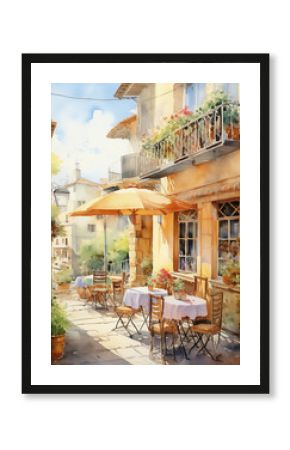 Cozy european Spain cafe outdoor, watercolor