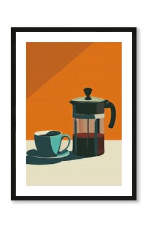 An illustration of a coffee cup next to a French press in a minimal style