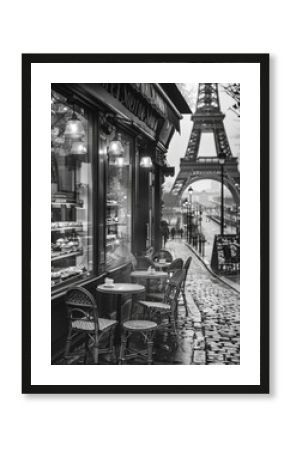 Black and white photography of a Parisian street café nestled on a quaint cobblestone street by the Eiffel tower