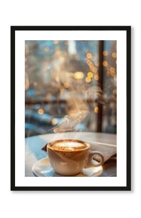  steam gently rising from cappuccino coffee cup in cafe with an evening cityscrapes visible through the window, capturing tranquil mood.