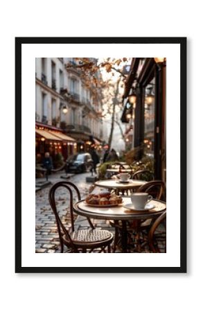 Cozy Parisian street cafe with outdoor seating, featuring tables, chairs, and a warm atmosphere on a charming cobblestone street.