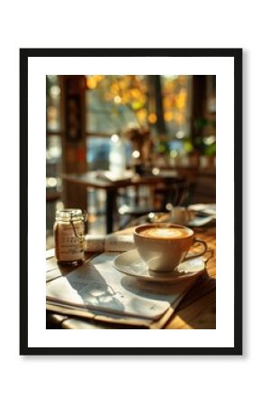 Cozy cafe with a cup of coffee on a table, bathed in warm sunlight. Autumn leaves visible through the window creating a serene, relaxed atmosphere.