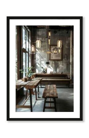 Vintage cafe interior with wooden table and chairs. Interior design concept.