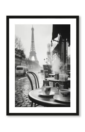Black and white photography of a Parisian street café nestled on a quaint cobblestone street by the Eiffel tower