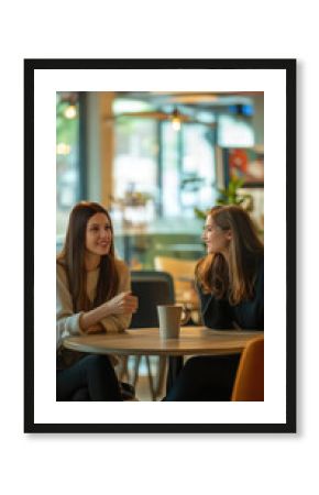 Two young women having a pleasant conversation over coffee in a modern cafe