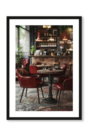 Cozy retro cafe interior featuring red leather seats, antique furniture, warm lighting, and vintage decor accents.
