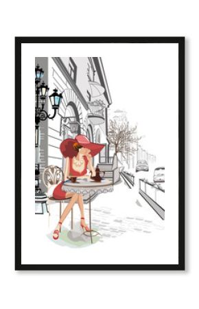 Fashion girl sitting in the cafe in the old town