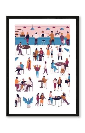 Tiny people at cafe, coffeehouse or espresso bar. Men and women sitting at tables, drinking coffee or tea, eating desserts and talking to each other. Vector illustration in flat cartoon style.