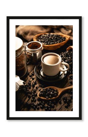 Café sobre tablas de madera, café molido y granos de café