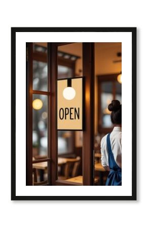 Back view of a waitress standing at the entrance of a cozy cafe with an open sign, symbolizing business opening, service, and welcoming atmosphere  