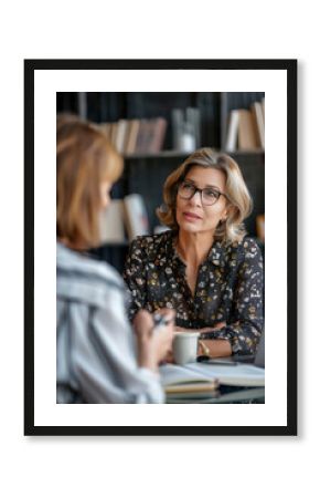 Businesswoman listening to colleague explaining new project in cafe