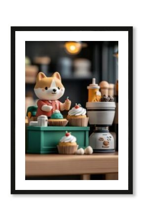 Cute Shiba Inu dog cake topper figure surrounded by cupcakes desserts and breakfast items on a wooden table in cozy cafe setting with warm lighting