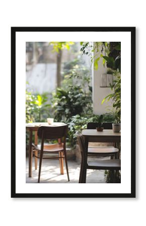 peaceful minimal cafe on quiet street surrounded by nature fresh morning light charming vibe