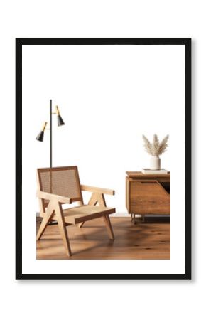 Free PNG wallpaper mockup in Interior Bed Room, Elegant Living Room with Wooden Furniture and Natural Light 3D rendering