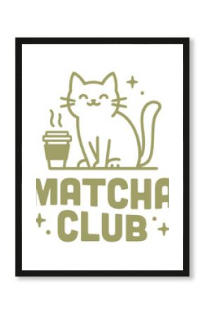 Matcha club latte cat lovers kawaii green tea retro groovy Japanese Korean cafe aesthetic badge shirt design logo. Girlies besties friends group community printable clipart transparent background.