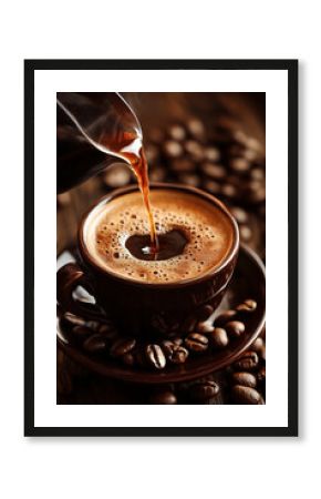 Pouring hot coffee into a cup surrounded by coffee beans