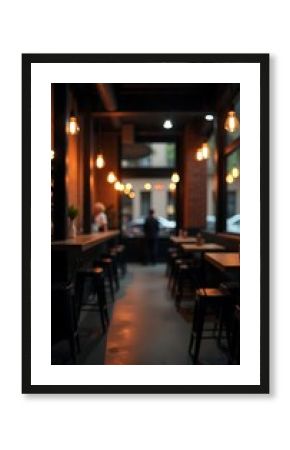 Generative AI: Warm interior of a modern cafe with vintage lights and blurry street view