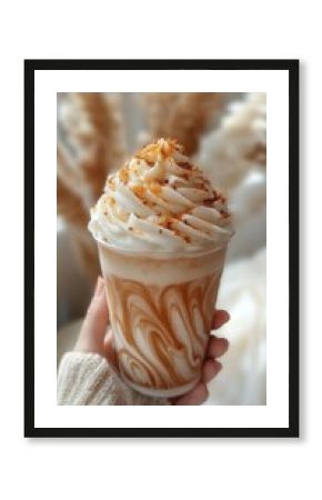 Watercolor Iced latte in Plastic cup,caramel,milk coffee,Hand painted watercolor set with coffee drinks for cafe menu,Stunning Coffee Watercolor Paintings with Clipart Elements,copy space.