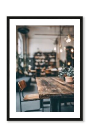 Rustic wooden table in a blurred cafe setting, cozy interior design with plants and soft lighting, eye-level shot
