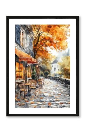 Autumn cafe scene, Parisian street, watercolor painting.
