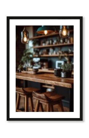 Warm inviting rustic café interior with vintage pendant lights, wooden bar counter, herb plants in pots, and wooden bar stools in cozy restaurant atmosphere